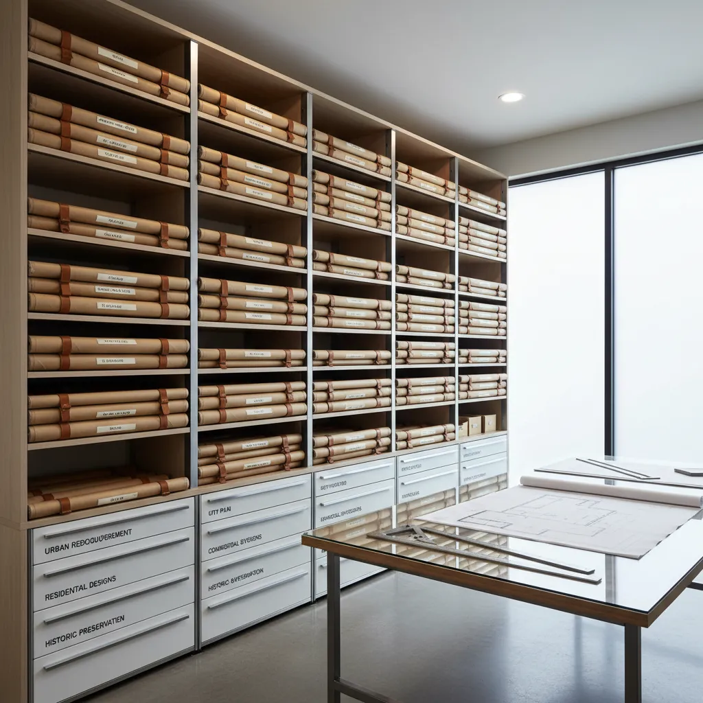 Architectural office archive shelves with rolled building plans and labeled storage tubes