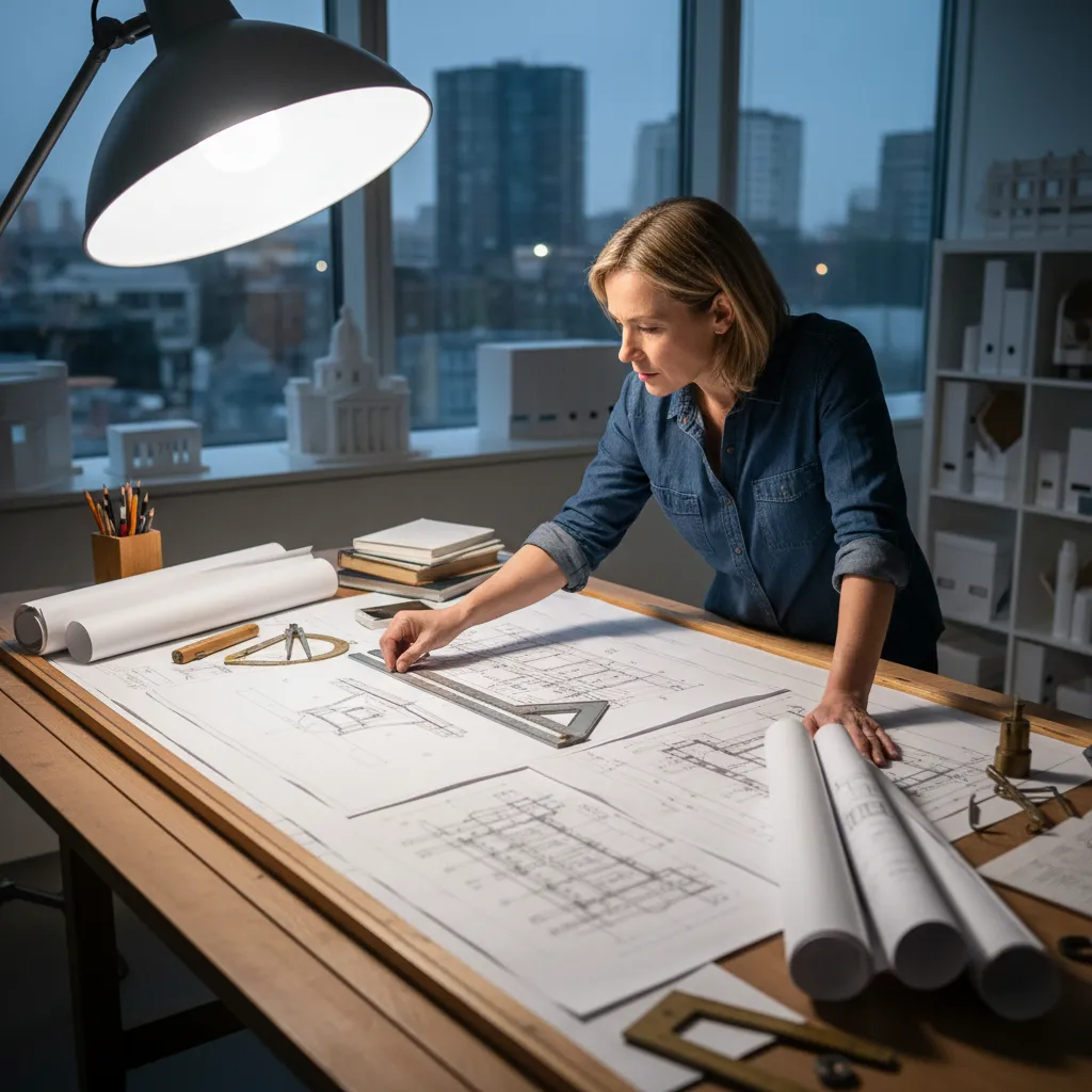 Arquitecto revisando planos de un edificio clásico