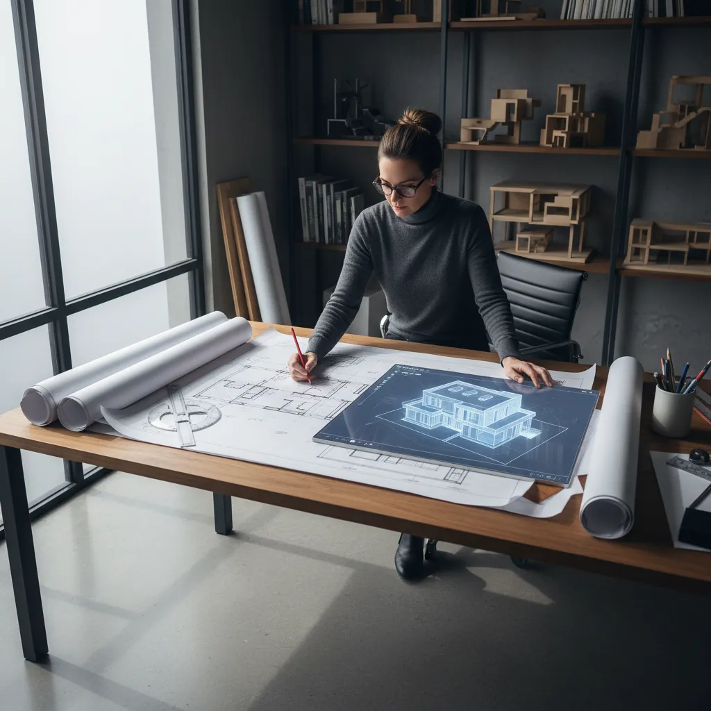 Arquitecto trabajando en el diseño de una casa moderna con planos y modelo 3D