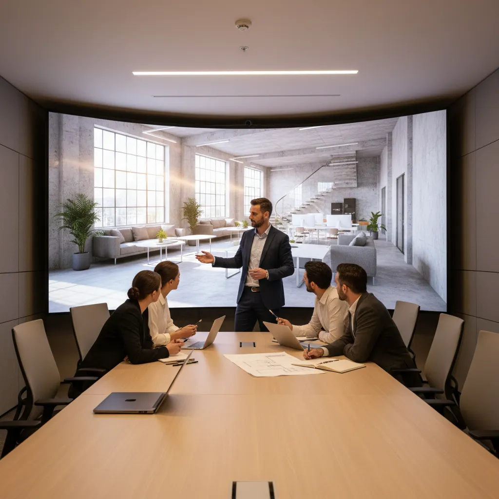 Architect presenting 3D design visualization to colleagues