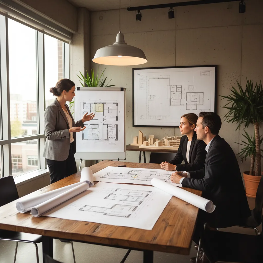 Architect presenting a hand drawn floor plan sketch to clients in a meeting