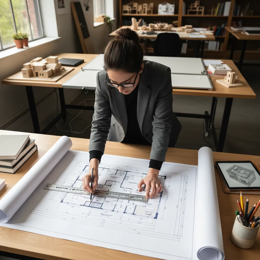Architect reviewing a residential floor plan with feet and inches measurements
