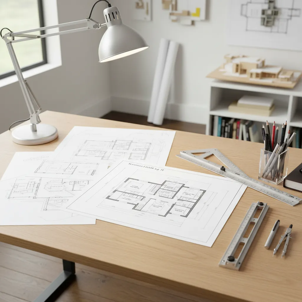 Architect reviewing residential floor plan sketches for a 2000 sq ft house