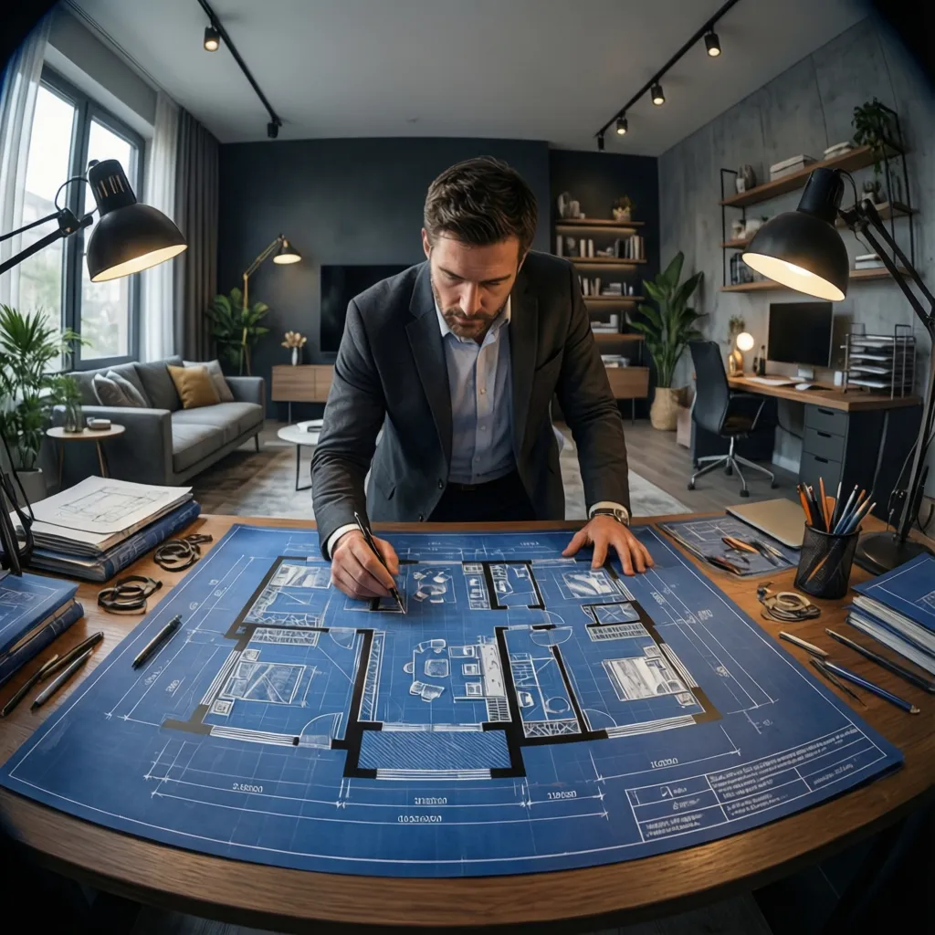 Architect reviewing detailed 2D floor plan drawing on desk