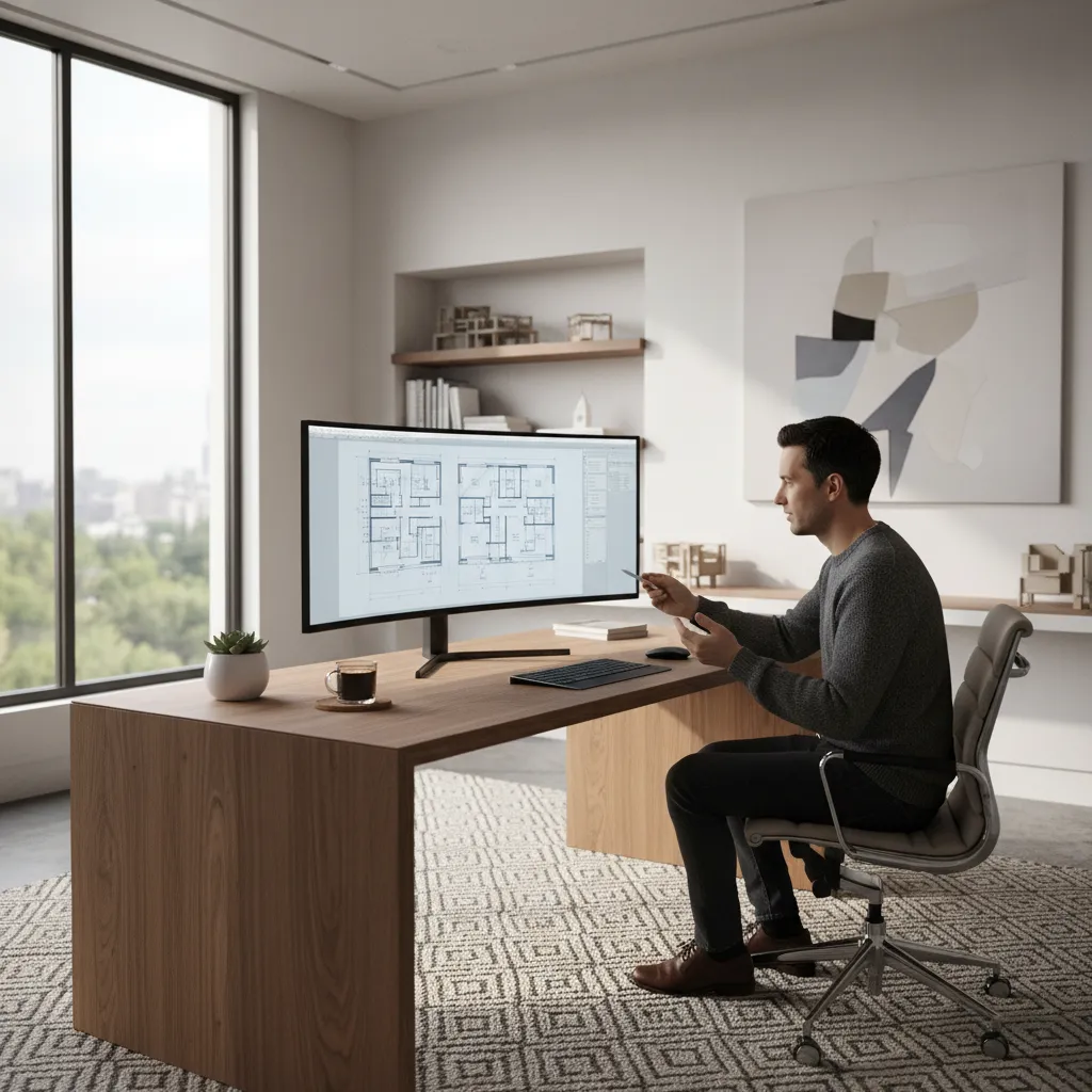 architect reviewing a detailed 2D floor plan drawing on computer screen