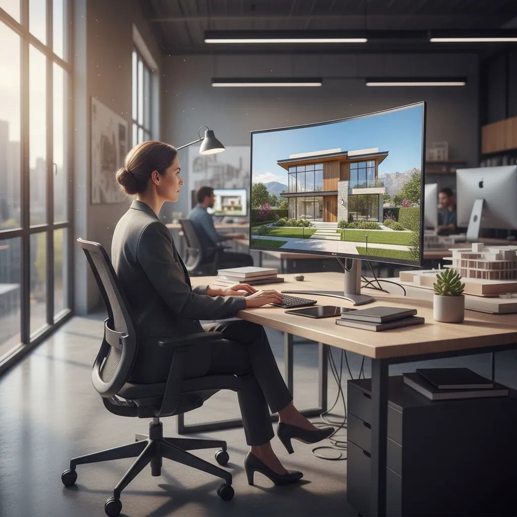 architect reviewing detailed residential elevation rendering on workstation