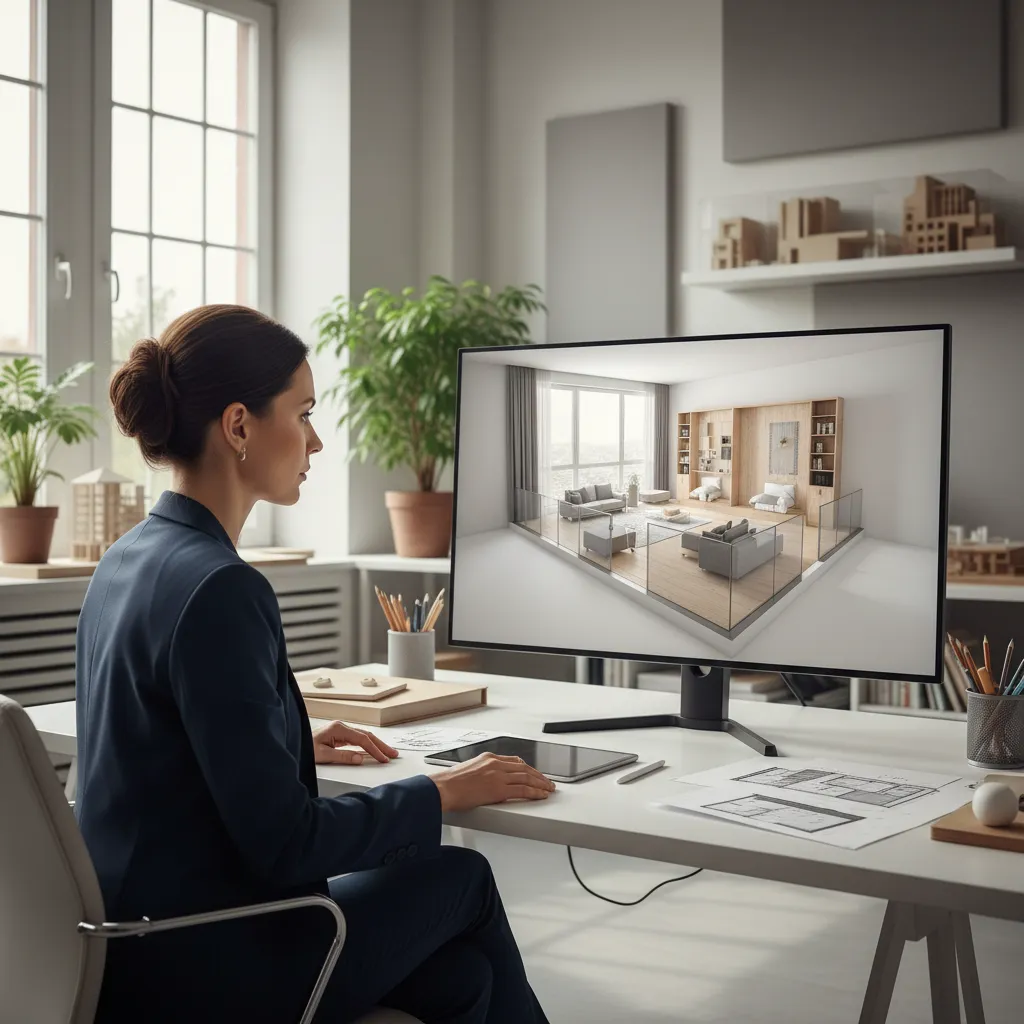 architect reviewing a detailed 3D floor plan model on a computer screen