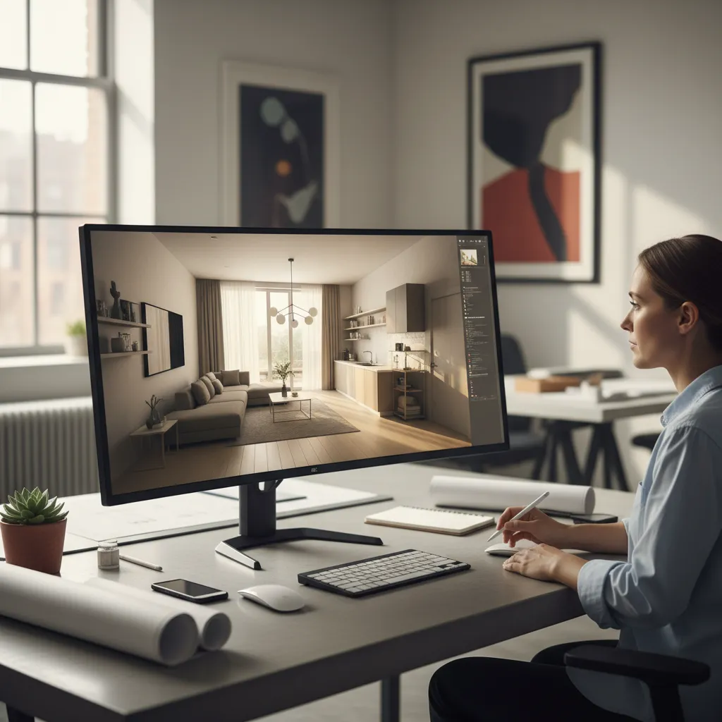 Architect reviewing 3D model of small house layout on computer
