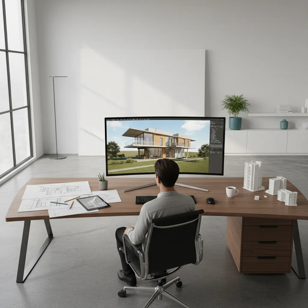 Architect reviewing a 3D digital house model on a large monitor in a design studio