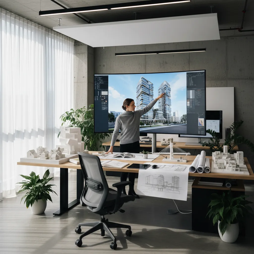 architect reviewing 3D architectural rendering of interior design on large screen