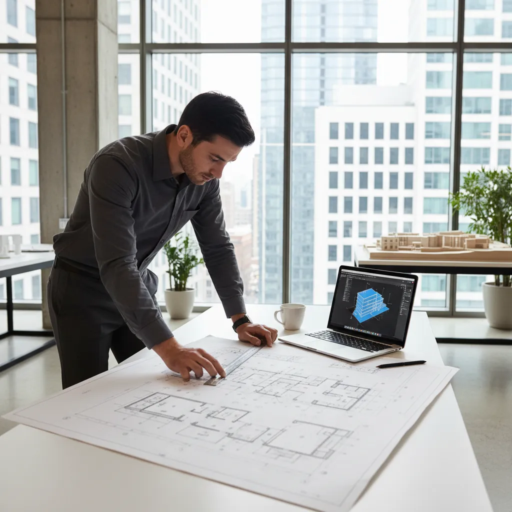 Architect reviewing AutoCAD floor plan drawing with drafting tools