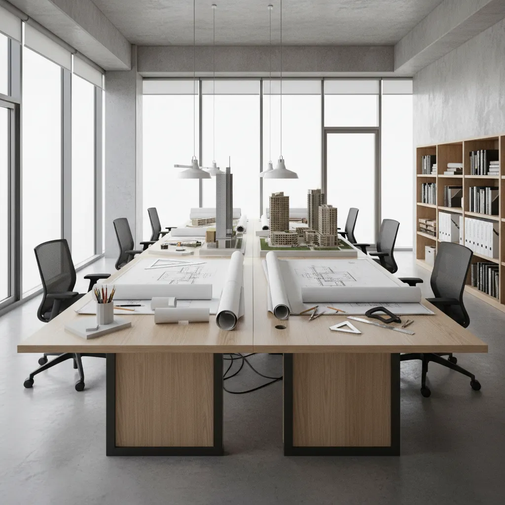 Architect examining building blueprints and structural plans on large desk
