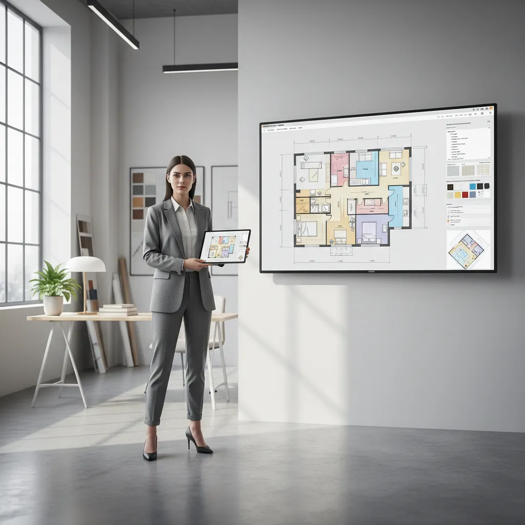 interior designer reviewing house floor plan on tablet and monitor