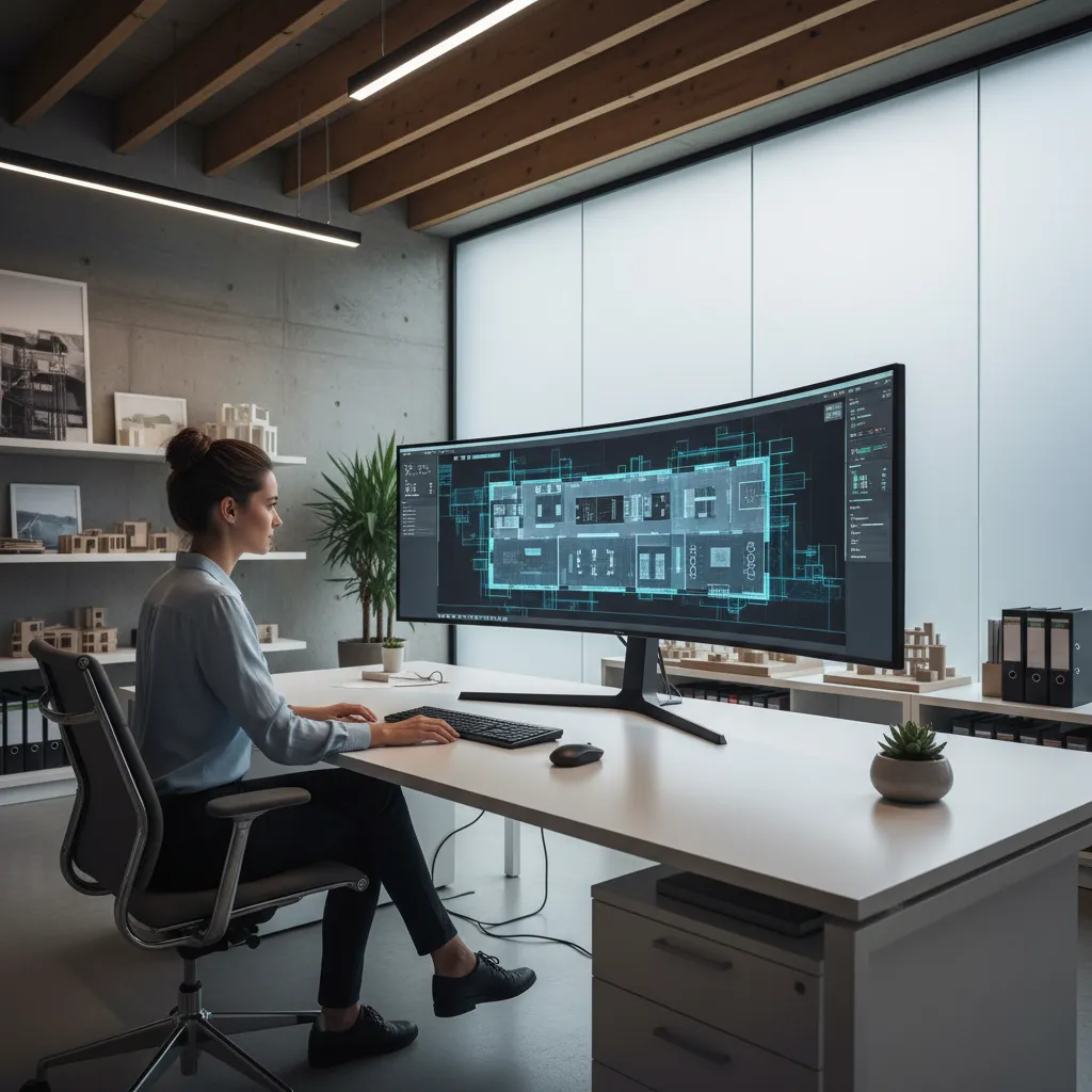 Architect reviewing digitized urban building floor plan on a large monitor