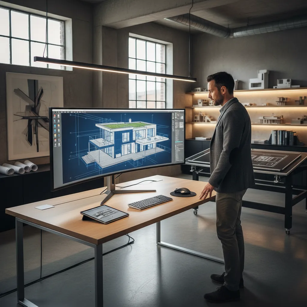 arquiteto revisando planta baixa dwg em computador