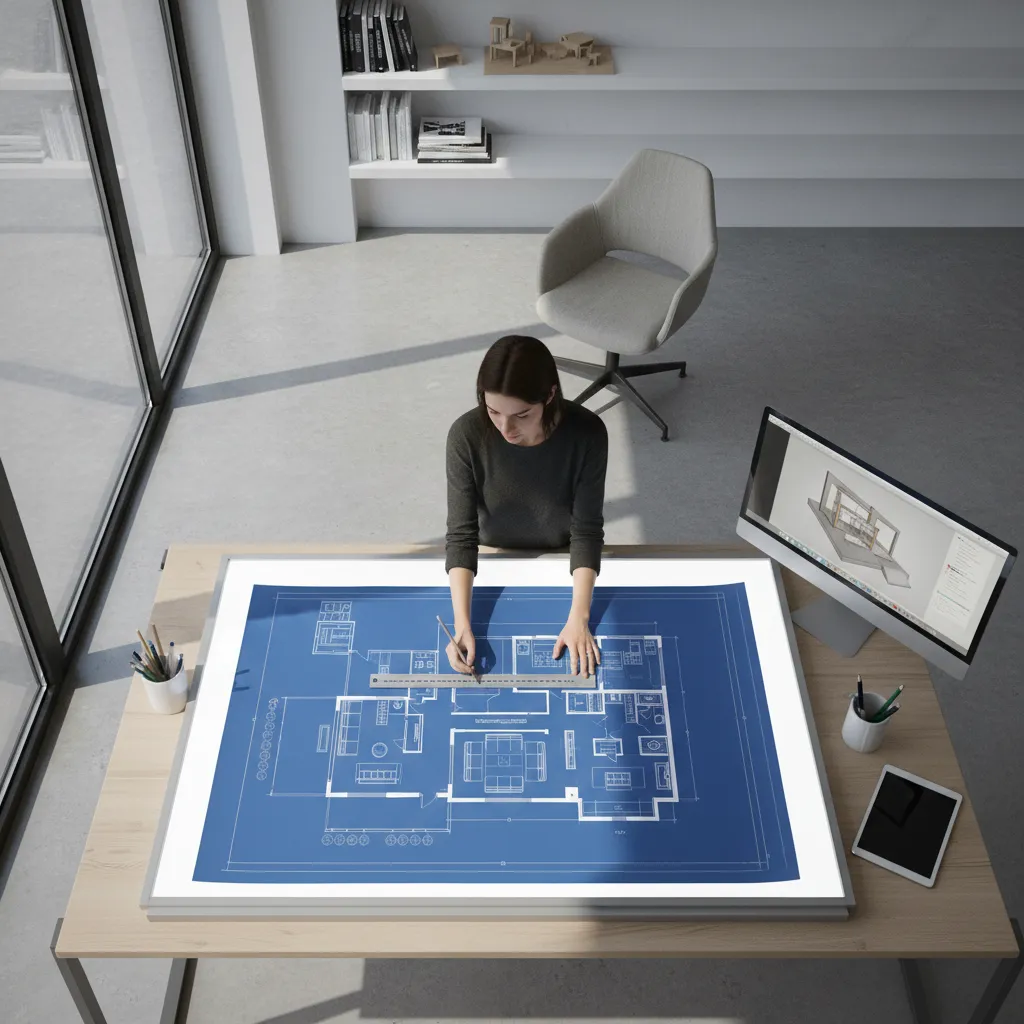 designer examining residential floor plan drawing with architectural scale ruler