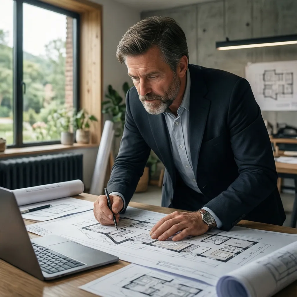 Kiến trúc sư đang xem bản vẽ thiết kế nhà