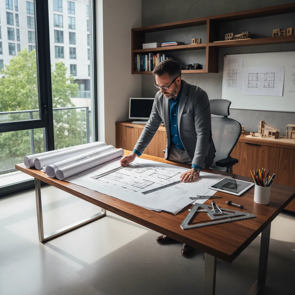 Professional man standing at wooden desk looking at floor plan drawings near large bright window