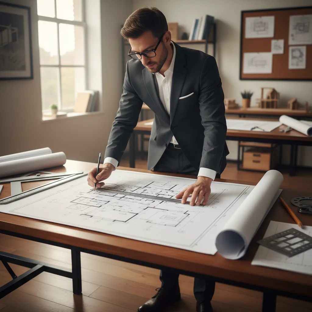 Professional man in a suit drawing a house floor plan on a large wooden work table