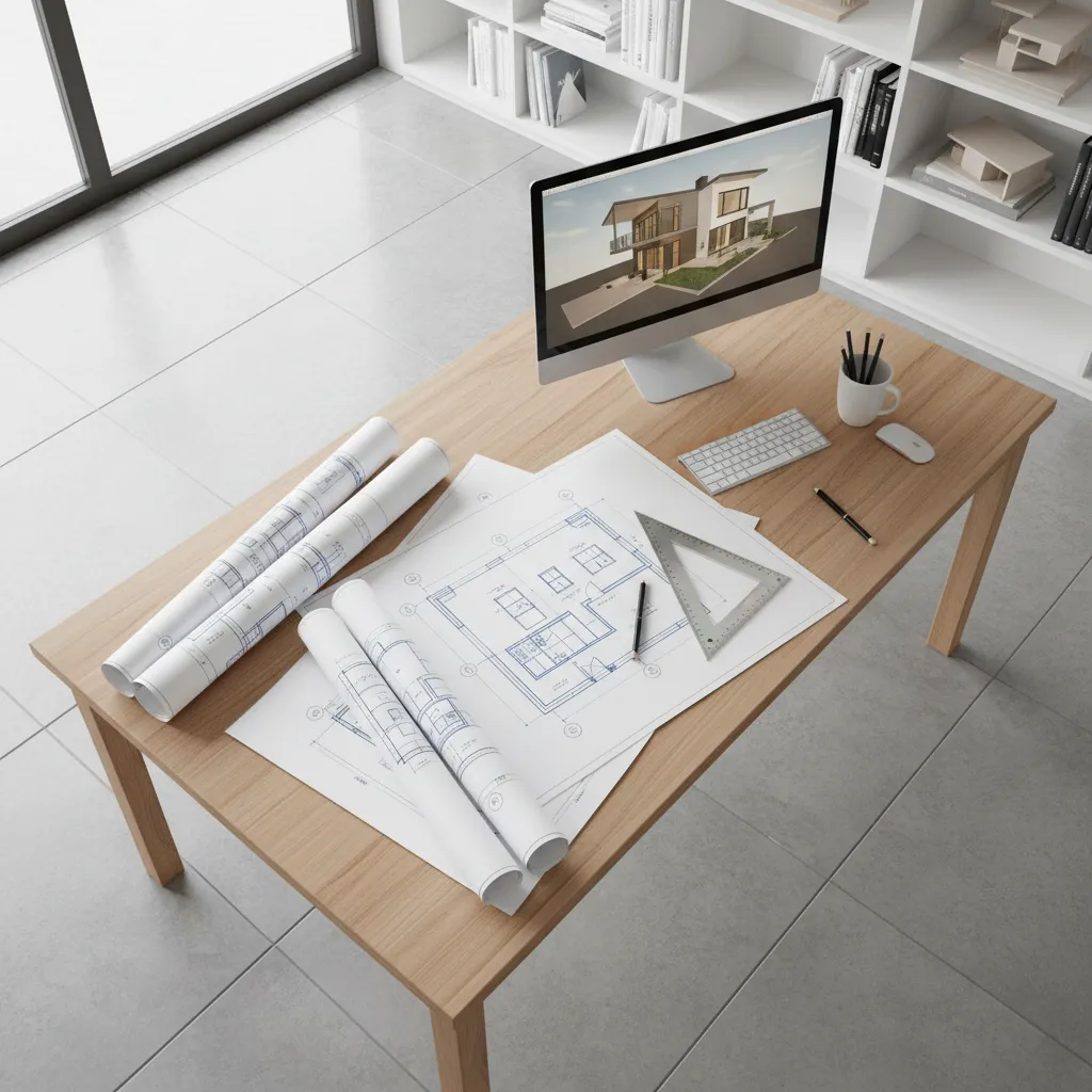 Architect reviewing printed residential blueprints and making layout adjustments