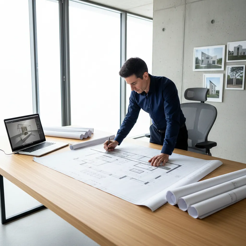 Man in blue shirt standing at wooden desk reviewing a paper house floor plan layout