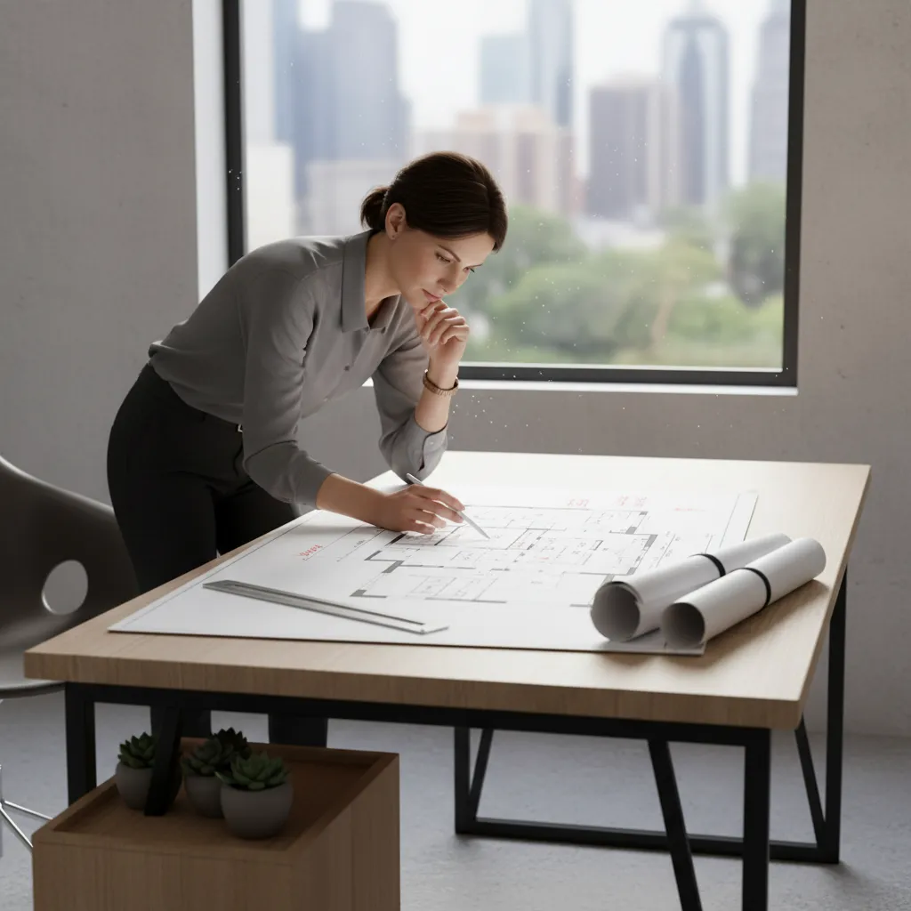 Kiến trúc sư xem bản vẽ mặt bằng nhà ở trên bàn làm việc