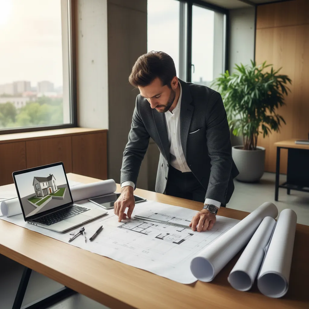 Professional designer reviewing paper room layout on a wooden desk with a 3D house model