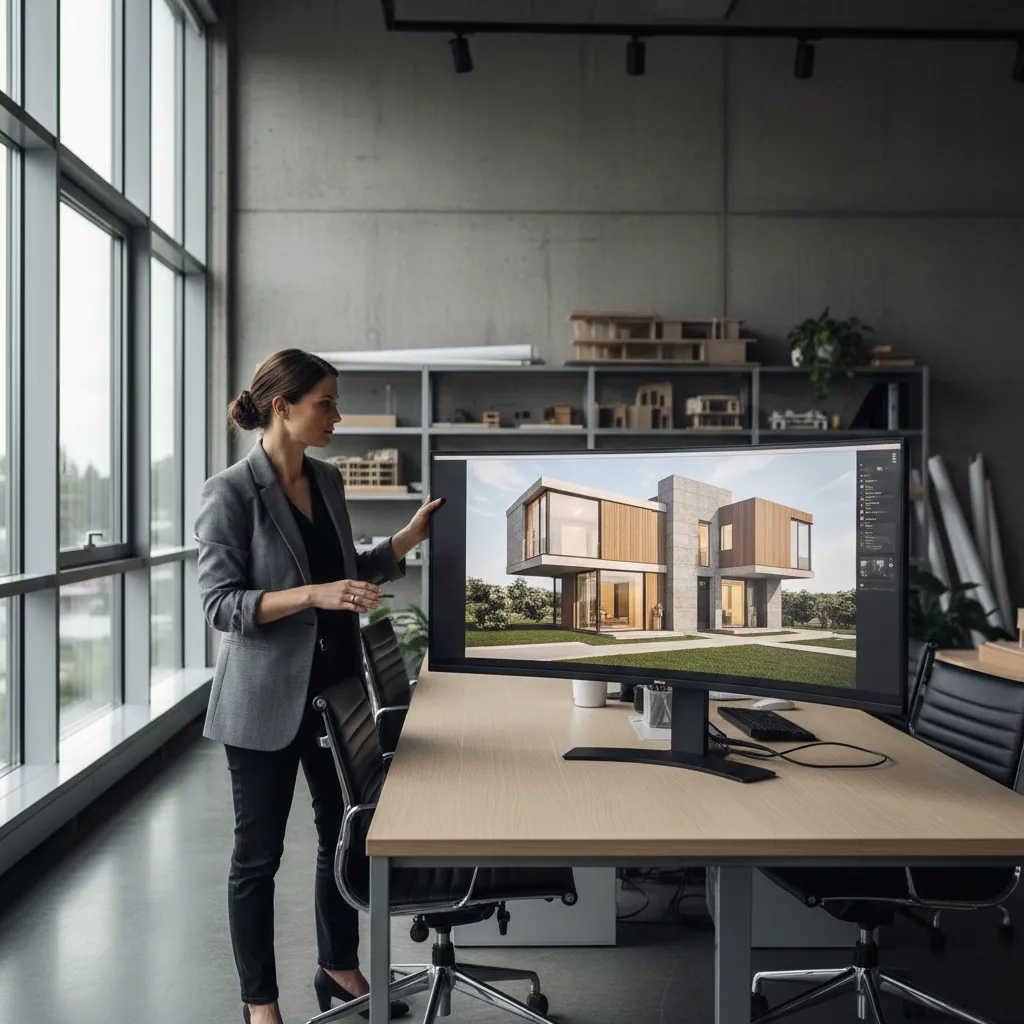 Arquitecto revisando un modelo digital de vivienda en pantalla