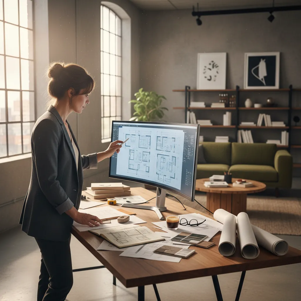 Diseñador revisando plano digital de vivienda en pantalla grande