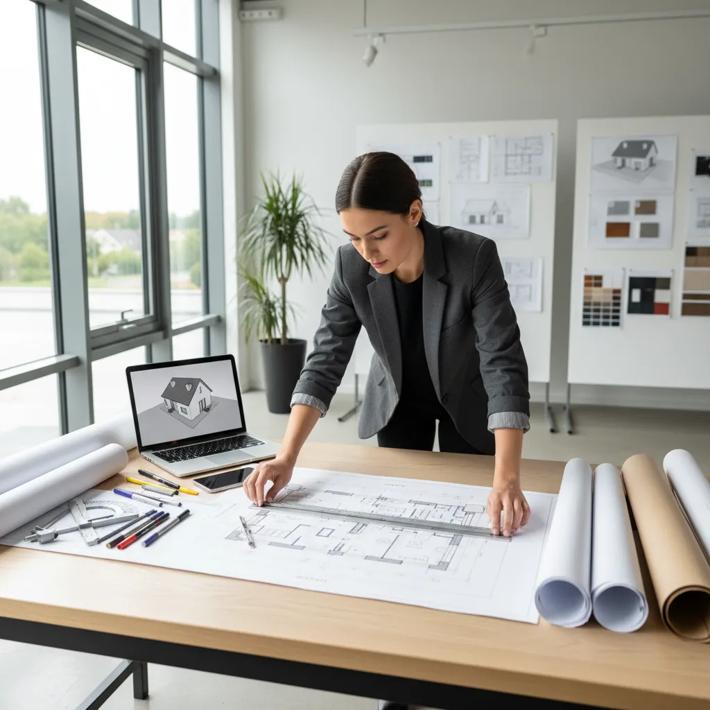 Woman in a grey jacket measuring a room layout floor plan on a wooden office desk