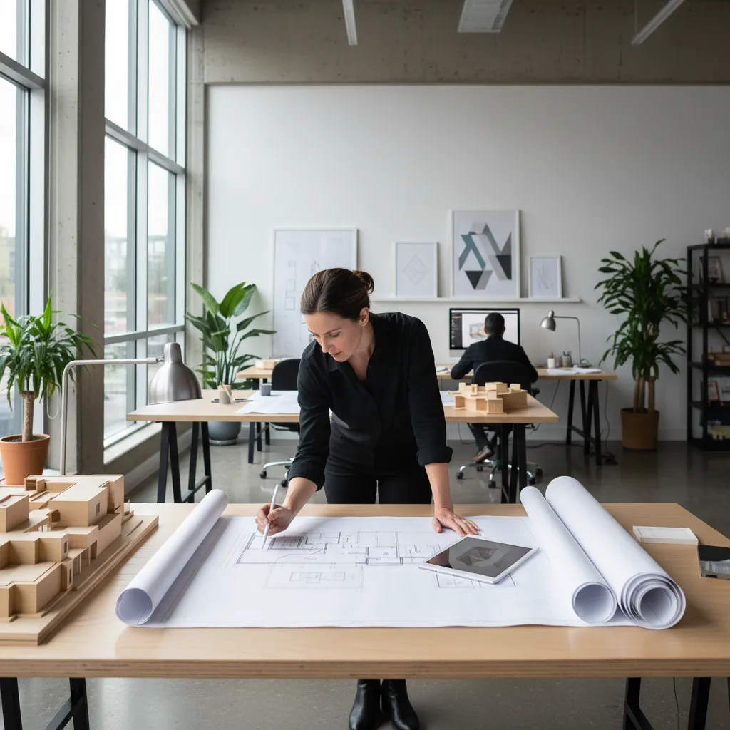 Arquitecto revisando planos de una casa moderna sobre una mesa de trabajo
