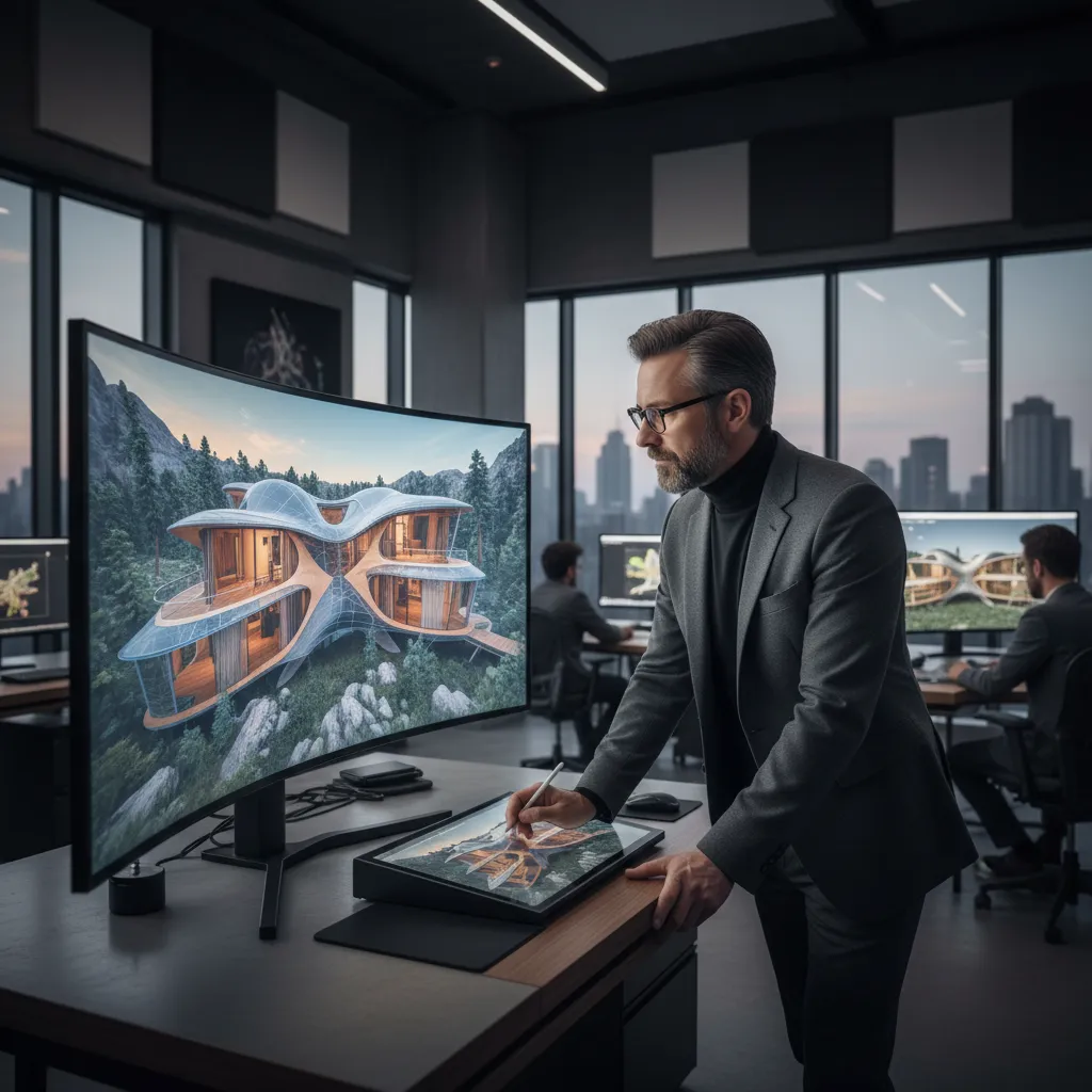 Arquitecto revisando un modelo digital de vivienda paramétrica en pantalla
