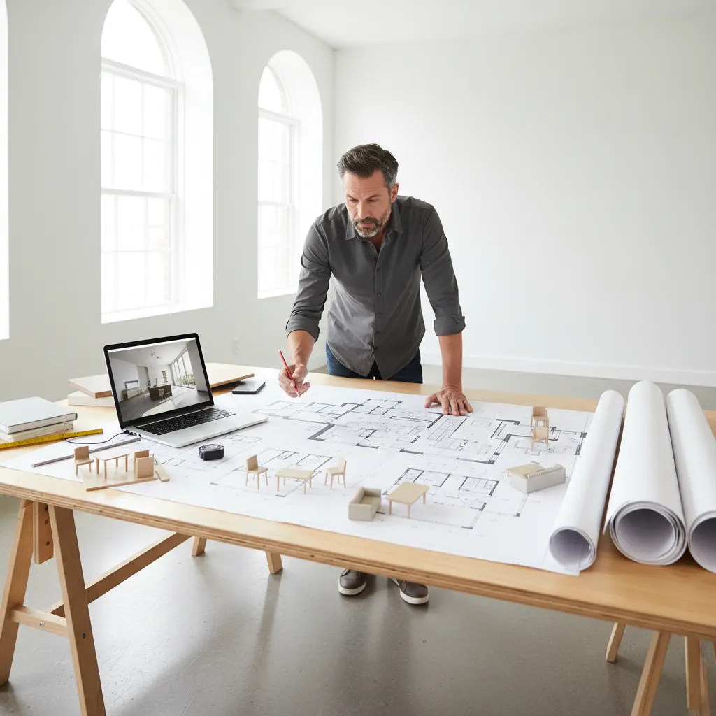 Architect reviewing reconstructed house floor plans for renovation planning