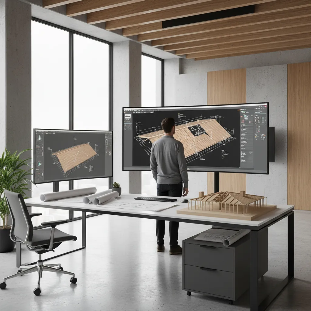 architect reviewing roof plan on large monitor in design studio