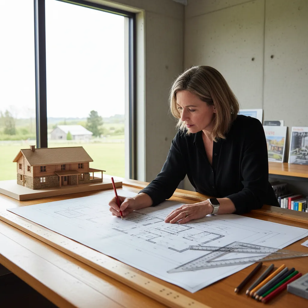 Architect reviewing detailed house plans for a rural home project