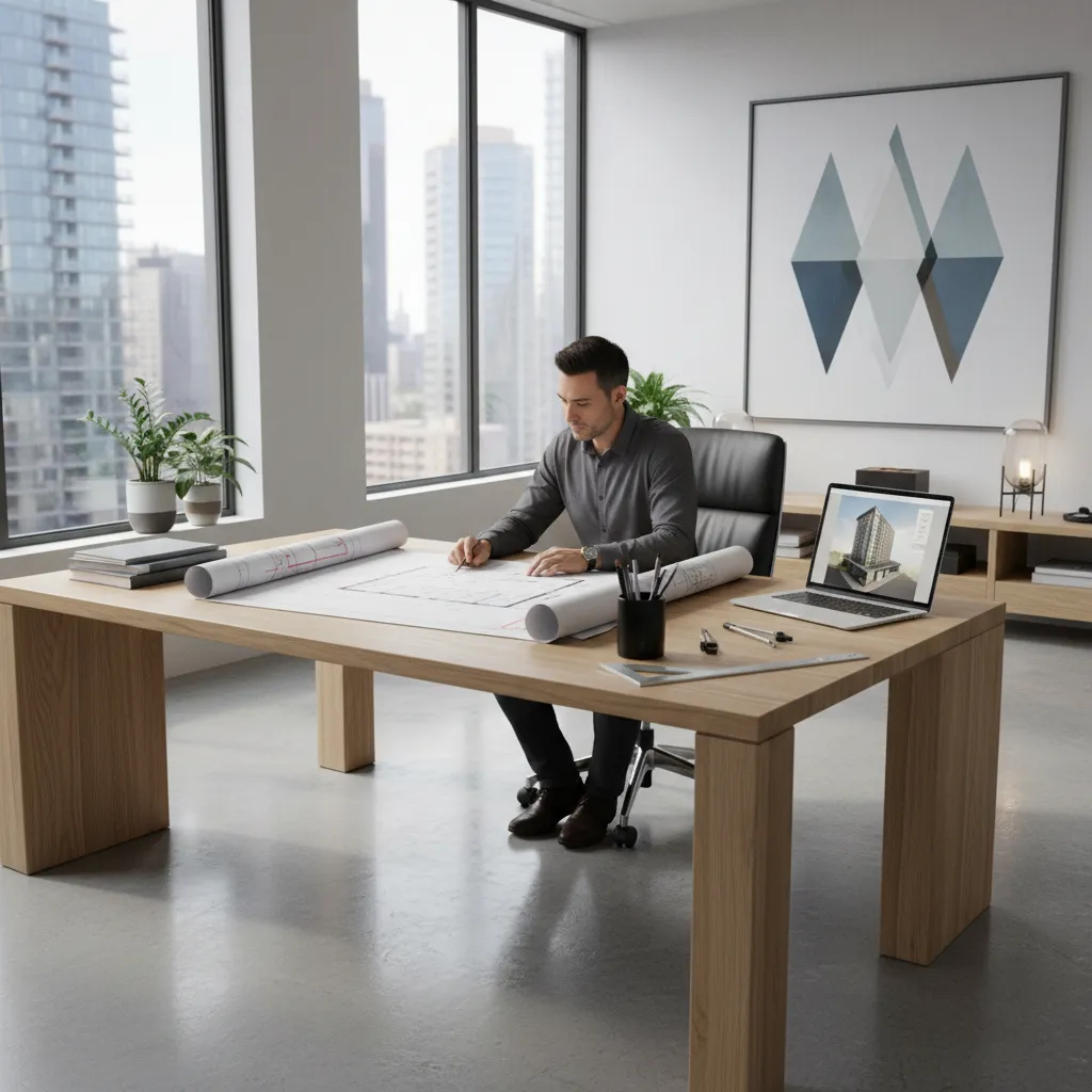 Architect reviewing building blueprints and property records at a desk