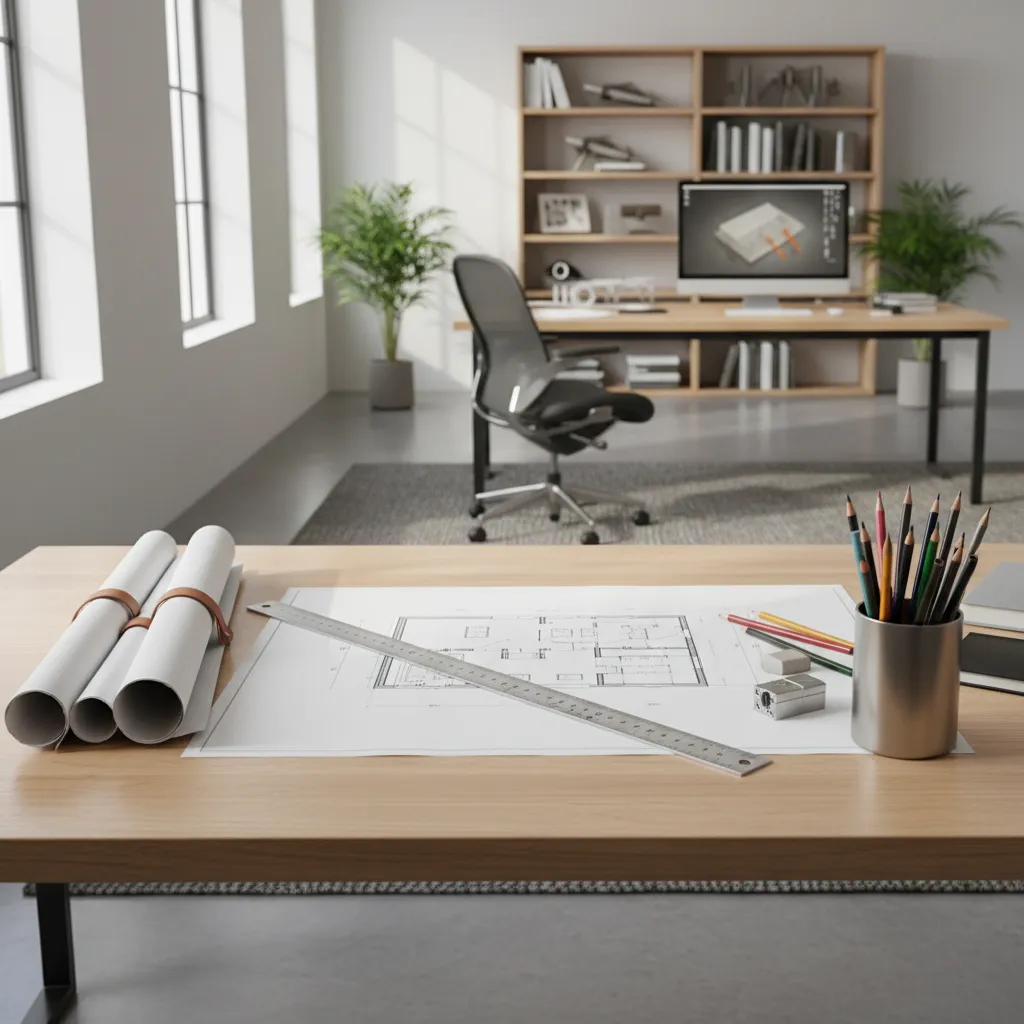 architect examining rolled building blueprints on a desk