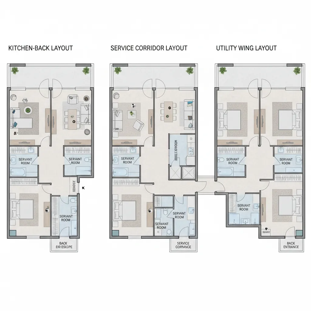 comparison of common architect layout patterns for servant rooms in apartments