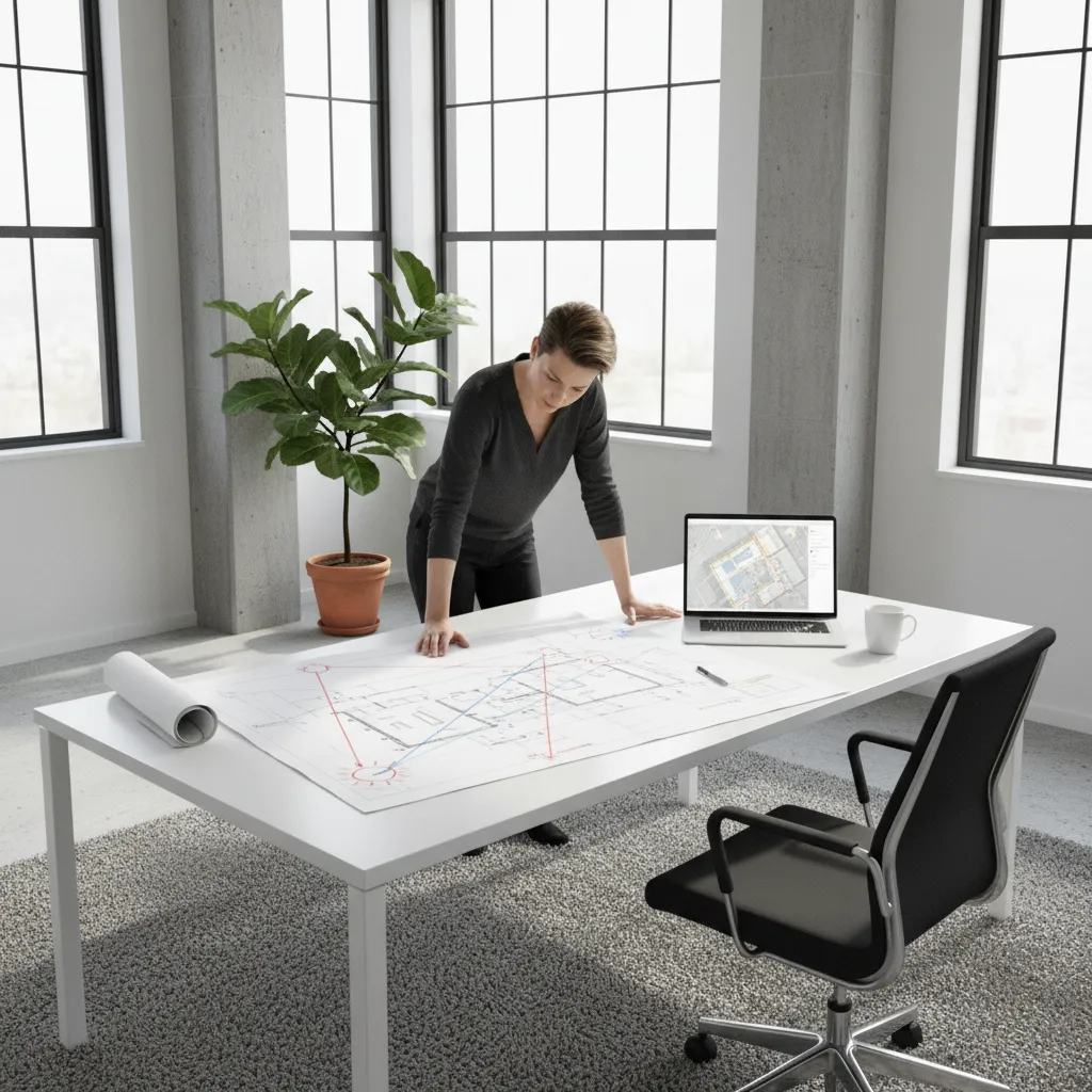 architect studying residential building site with plans and orientation diagrams