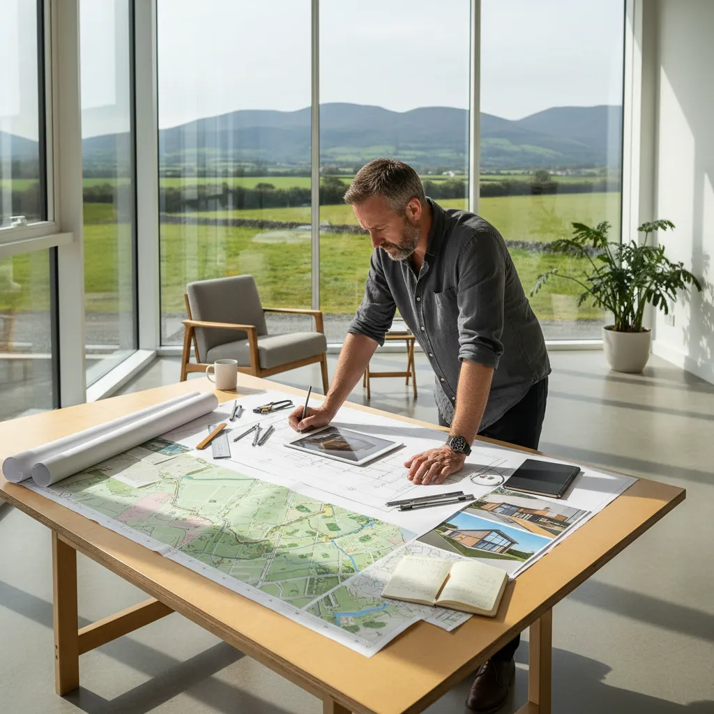 Architect reviewing site plans for a modern Irish house design