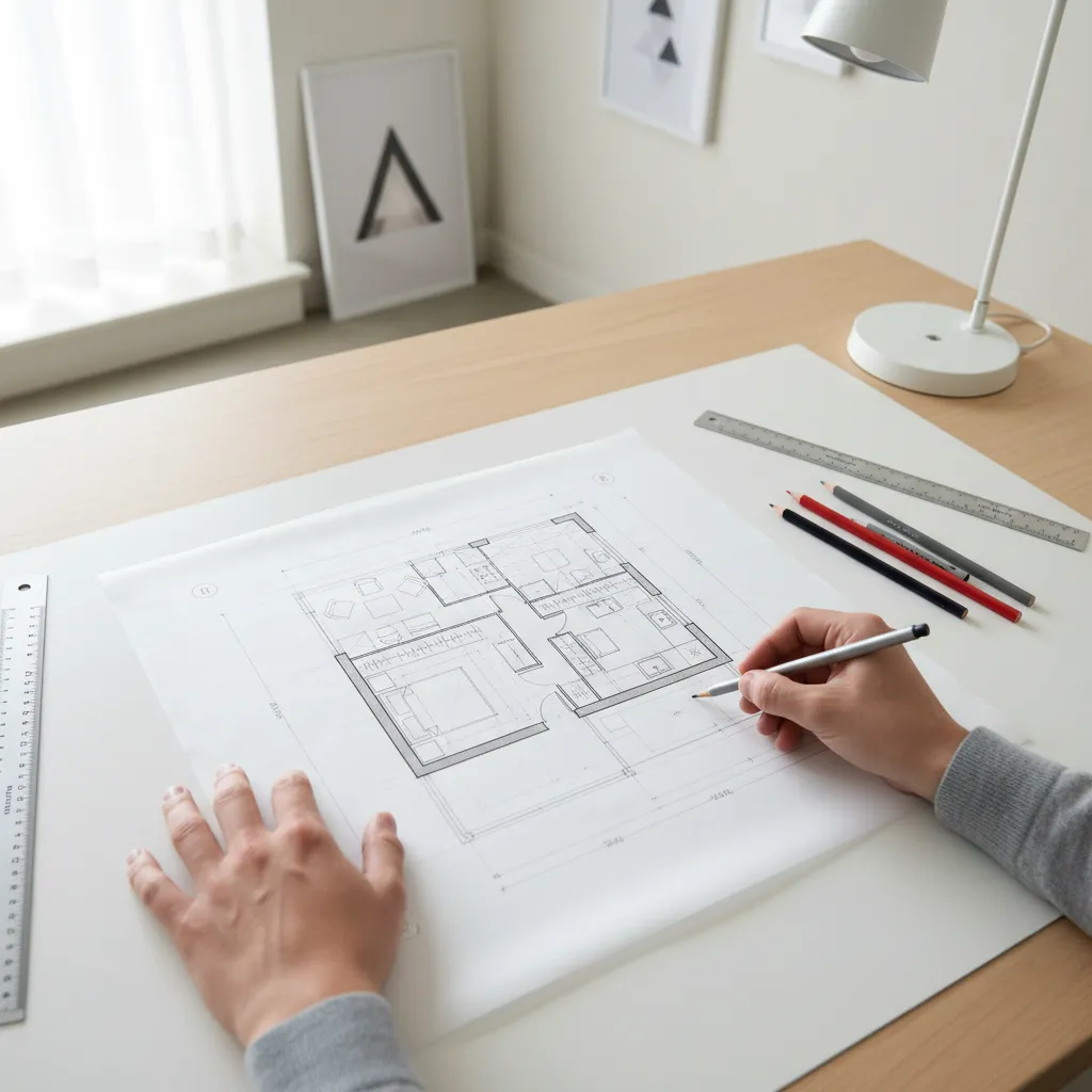Architect sketching small house layout with zoning notes