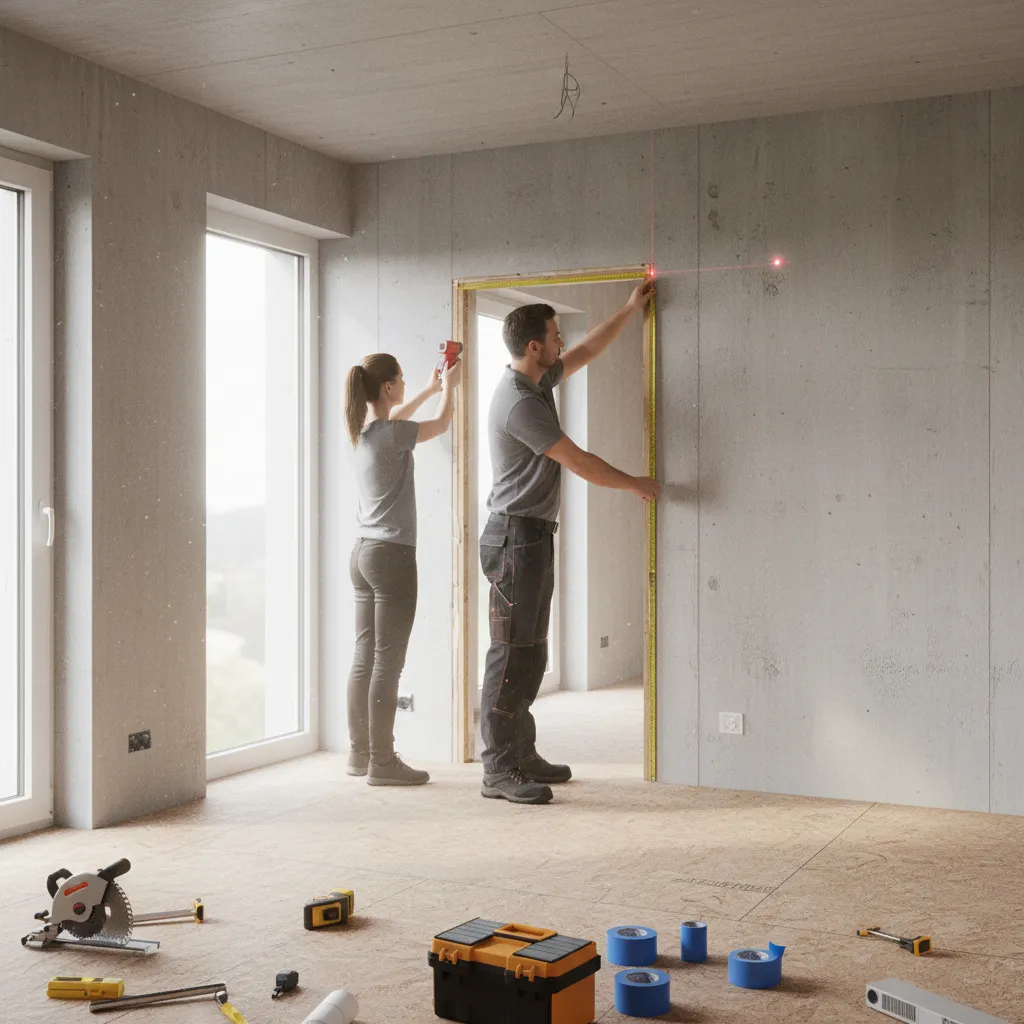 Architect measuring wall layout while documenting room dimensions for floor plan creation
