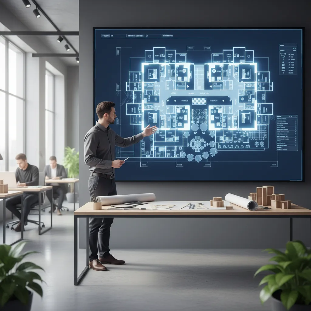 Architect reviewing digital residential floor plan layout during planning stage