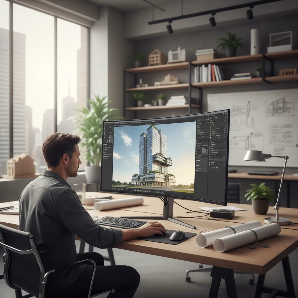 Architect working on 3D architectural model using design software
