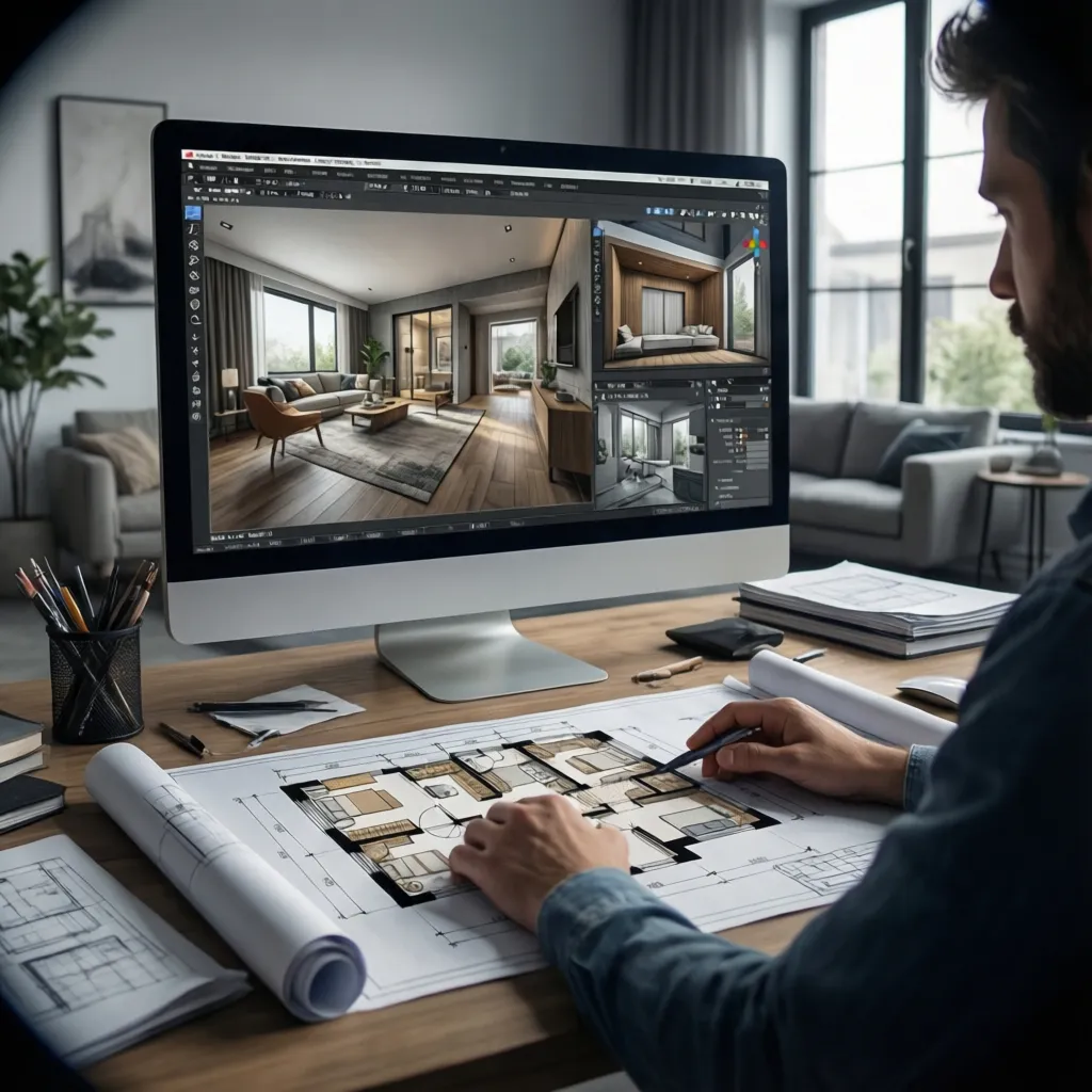 Architect using a home design app to create a house layout on a computer screen