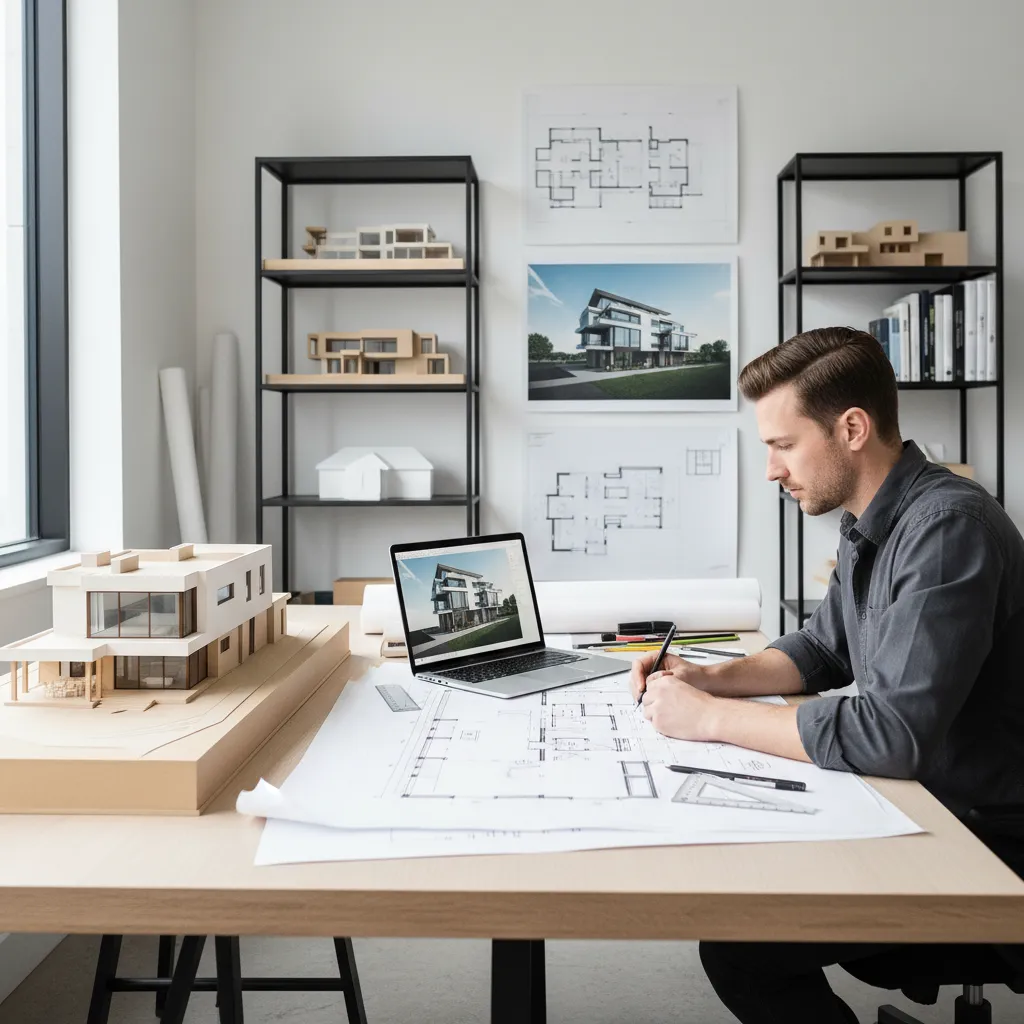 architect converting AI house elevation concept into technical architectural drawings
