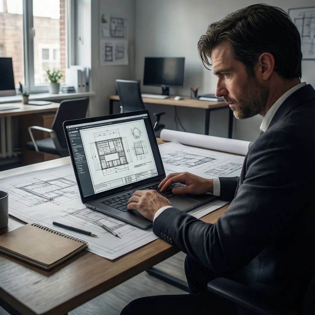 architect reviewing CAD asset license terms on laptop while working on design project