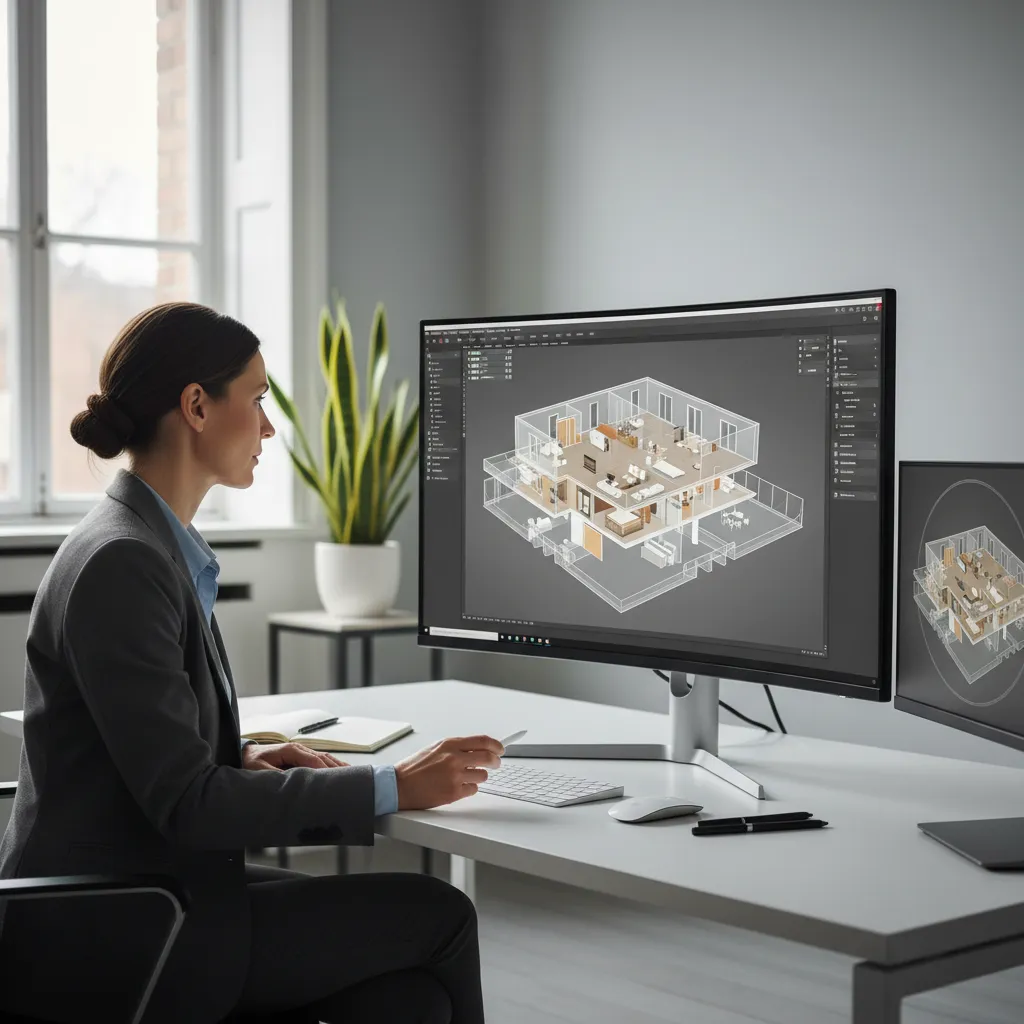 architect reviewing accurate 3D digital floor plan model on large monitor