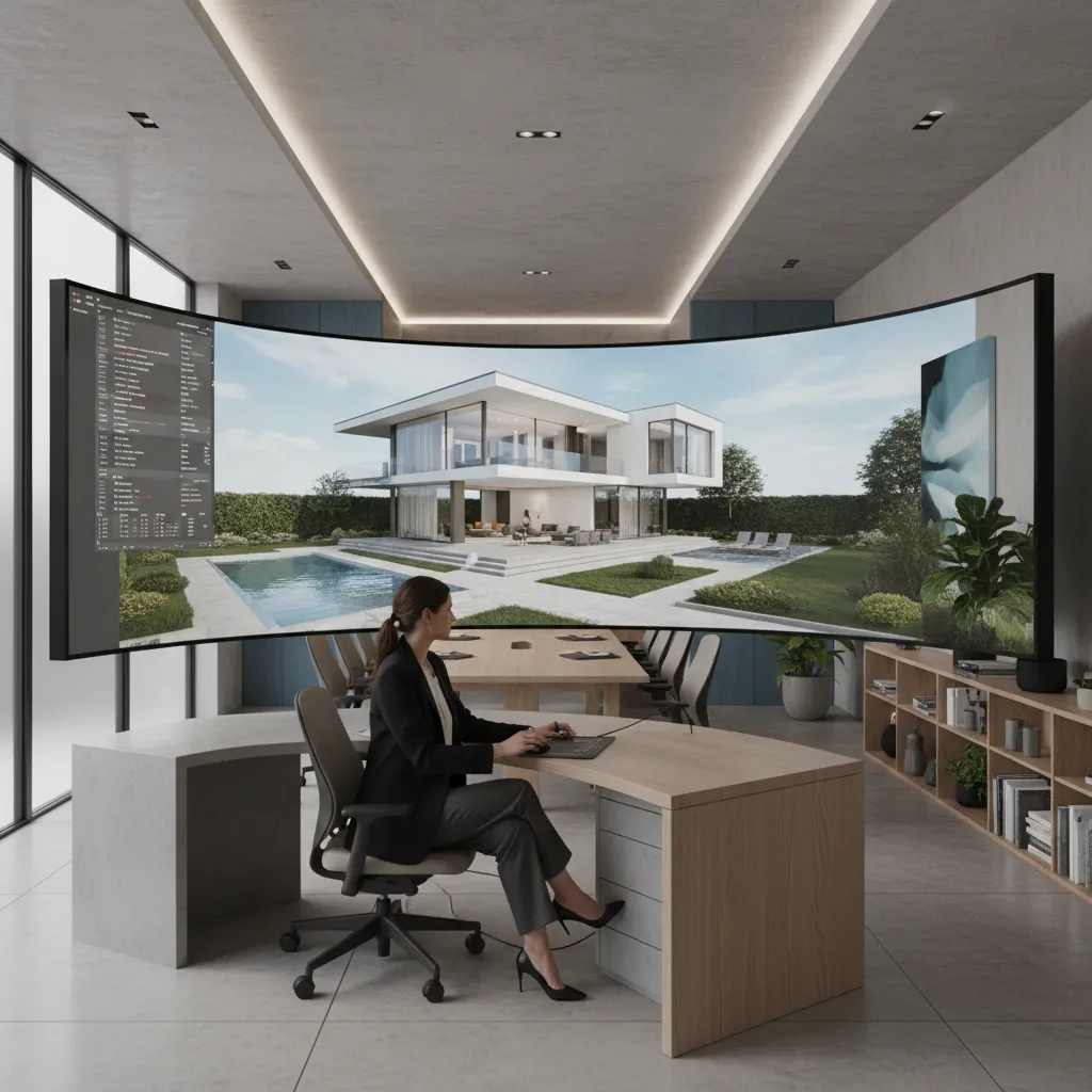 Woman sitting at desk using computer with giant curved screen showing house interior design drawing