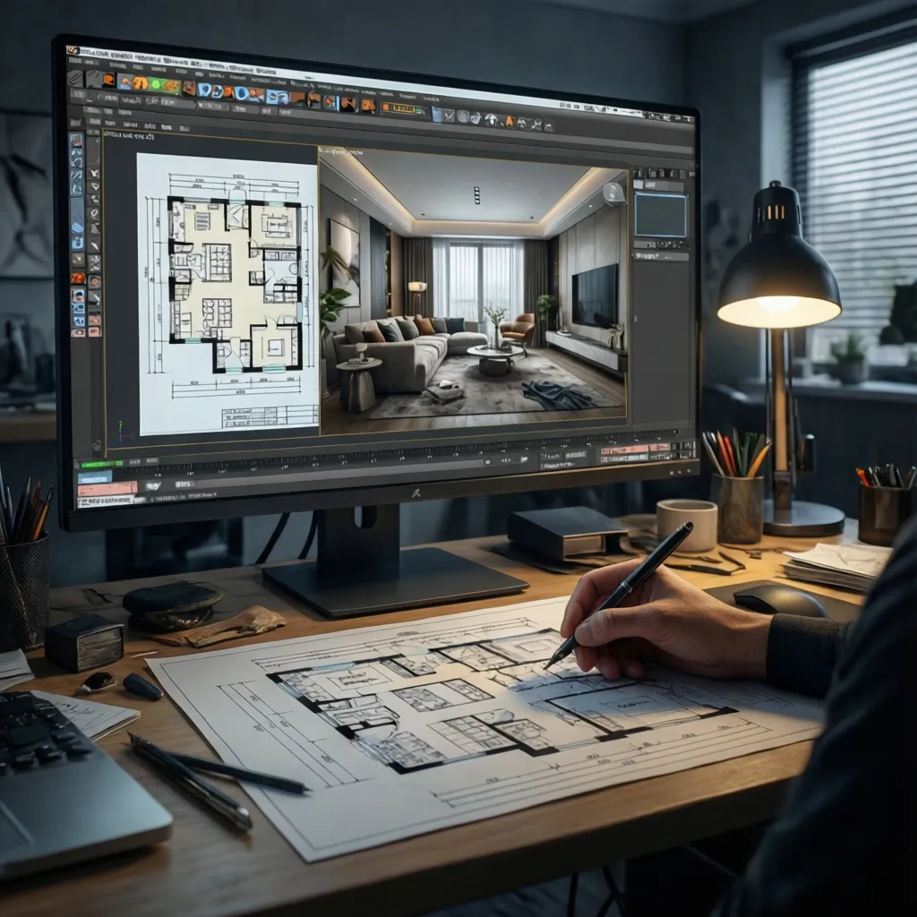architect working on 3ds Max architectural visualization scene based on floor plan